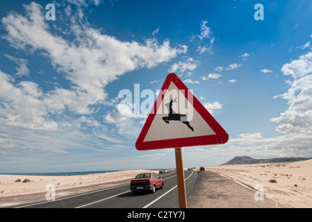 Parque Natural de Corralejo mit einem hütet euch vor den Hirsch Warnschild Stockfoto