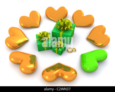 Goldherzen rund um Geschenke. 3D Stockfoto