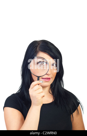 Lustige Frau mit Lupe und Spionage isoliert auf weißem Hintergrund Stockfoto