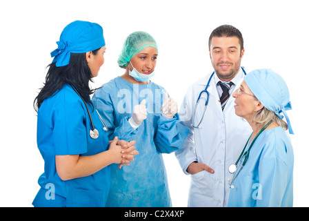 Team von verschiedenen Ärzten Gespräch isoliert auf weißem Hintergrund Stockfoto
