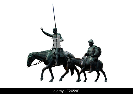 Bronze-Skulpturen von Don Quijote und Sancho Panza auf weißem Hintergrund Stockfoto