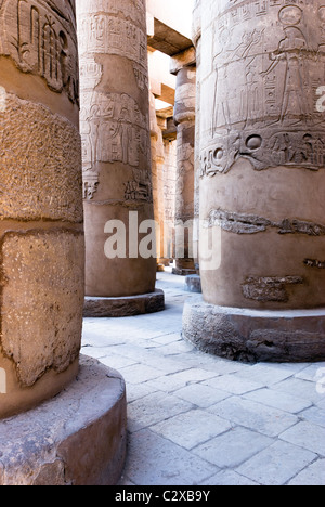 Kolonnade in der großen Säulenhalle im Bezirk von Amun-Re - Karnak-Tempel-Komplex - Luxor, Oberägypten Stockfoto