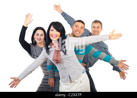 Aufgeregte Gruppe von Freunden mit den Armen in der Luft isoliert auf weißem Hintergrund Stockfoto