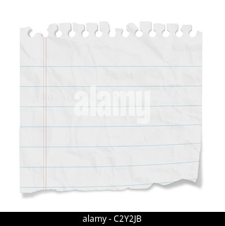 Leeres Liniertes Papier aus einem Notizblock mit Schatten hin und her gerissen. Isoliert auf weißem Hintergrund mit Beschneidungspfad. Stockfoto