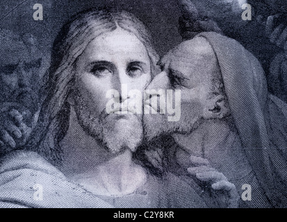Der Kuss. Judas Iskariot küsst Jesus Christus im Garten Gethsemane. Stockfoto