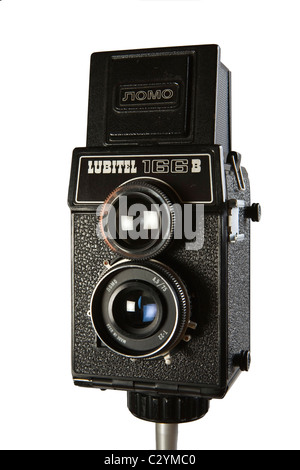 Old Film Reflex 6x6 Mittelformat russische Doppellinse Fotokamera Lubitel 166, Fotokamera auf weißem Hintergrund Stockfoto