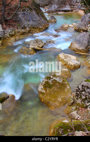 Gebirgsbach fließt zwischen den Steinen Stockfoto