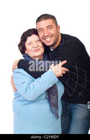 Froh, dass Oma und Erwachsenen Enkel umarmen isoliert auf weißem Hintergrund Stockfoto