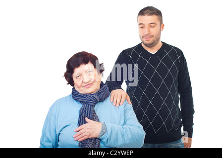 Enkel Oma-Konsolen und halten Sie eine Hand auf die Schulter isoliert auf weißem Hintergrund Stockfoto