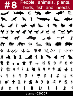 Große Sammlung von Collage Vector Silhouetten von Menschen, Tiere, Vögel, Fische, Blumen und Insekten Stockfoto