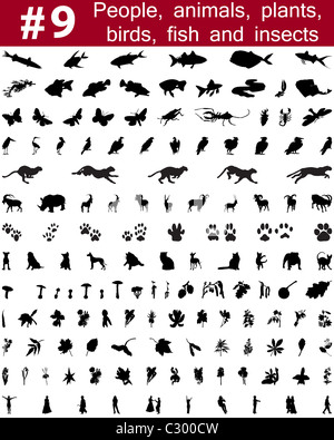 Große Sammlung von Collage Vector Silhouetten von Menschen, Tiere, Vögel, Fische, Blumen und Insekten Stockfoto
