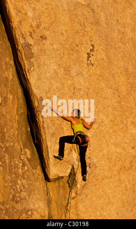 Weiblichen Rock Climber Kämpfe um den Rand von einem anspruchsvollen greifen zu knacken. Stockfoto