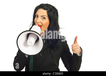 Glückliche und erfolgreiche Geschäftsfrau machen eine Ankündigung isoliert auf weißem Hintergrund Stockfoto