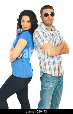 Lässig modische paar stehen Rücken an Rücken isoliert auf weißem Hintergrund Stockfoto