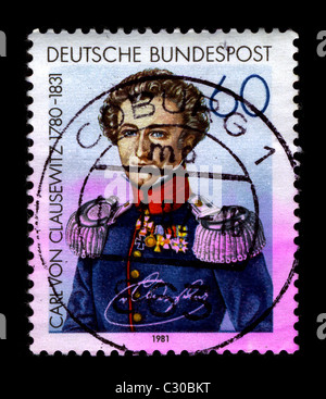 Deutschland-ca. 1981:A Stempel gedruckt in Deutschland zeigt Bild von Carl Philipp Gottfried von Clausewitz (1. Juni 1780 - 16. November 1831) war ein preußischer Soldaten und deutschen militärischen Theoretiker, die moralische und politische Aspekte des Krieges, ca. 1981 betont. Stockfoto