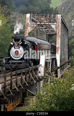 Robert Dollar Co. Dampfmaschine #3 zieht einen Personenzug über einen Bock in Niles Canyon im Norden Kaliforniens. Stockfoto