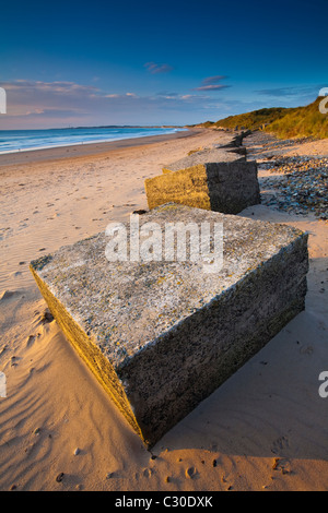 England, Northumberland, Druridge Bay. Weltkrieg zwei Anti-Panzer-Blöcke der malerische Strand von Druridge Bay zu verteidigen. Stockfoto