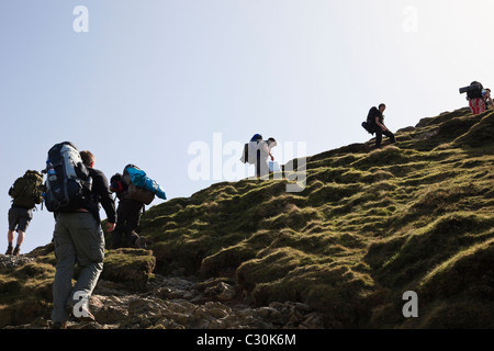 Junge Leute, die den Hügel auf dem "Duke of Edinburgh Award"-Schema zurückpacken, klettern auf den Catbells Grat im Lake District National Park England Großbritannien Stockfoto