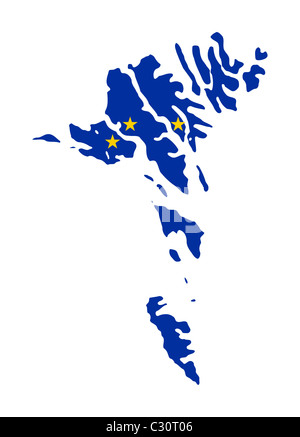Europäische Flagge auf Mag von den Färöer Inseln; isoliert auf weißem Hintergrund. Stockfoto