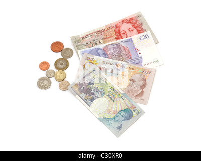 Sterling-Banknoten und-Münzen £5, £10, £20, £50 und 1 Cent, 2 Cent, 5 Cent, 10 Cent, 20 Cent, 50 Pence, £1 Münze und £2 Münze Stockfoto