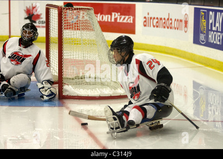 Bilder aus der Bronze-Medaille Spiel an der 2011 International Sledge Hockey Challenge. Stockfoto