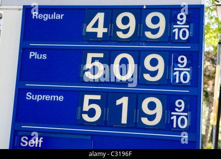 Hohe Benzinpreise an einer US-Tankstelle. Stockfoto