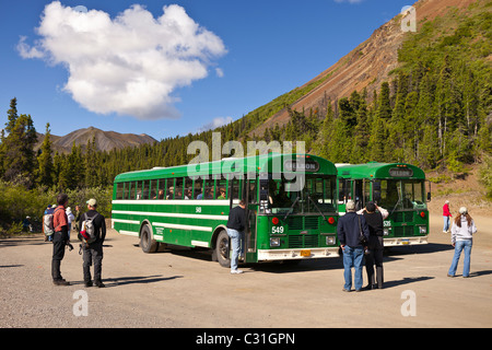 ALASKA, USA - Busse und Touristen im Denali National Park. Stockfoto