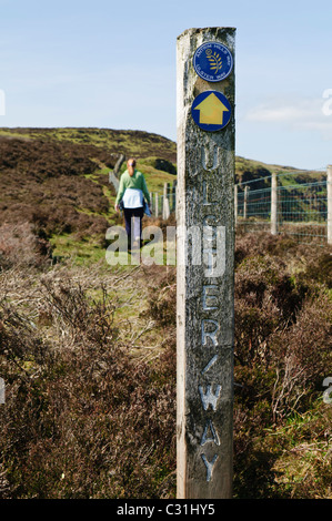 Frau geht Vergangenheit ein Wegweiser post unterwegs Antrim Hills, Bestandteil der Ulster-Art Stockfoto