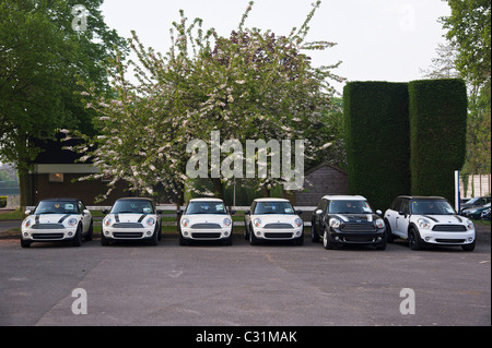 Diese BMW und Mini Automobile sind von einem großen Händler an einem geheimen Ort in Surrey, England, UK gehortet. Stockfoto