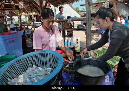 FRAUEN, DIE VORBEREITUNG DER FISCHE AUS DER TAGESPRESSE FANGEN ZUM TROCKNEN, FISCHERDORF IN DER NÄHE VON BANG SAPHAN, THAILAND, ASIEN Stockfoto