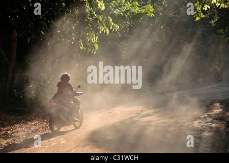 JUNGE FRAU AUF EINEM ROLLER FAHREN DURCH DEN STAUB IN DEN DSCHUNGEL, BANG SAPHAN, THAILAND, ASIEN Stockfoto
