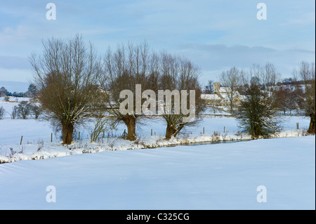 Kirche und Schneefelder von River Windrush in Dorf Swinbrook, Cotswolds, Großbritannien Stockfoto
