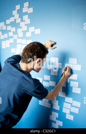 Teenager, die Überarbeitung für Mathematik A-Level mit Überarbeitung Karten stecken auf seiner Schlafzimmerwand. Stockfoto