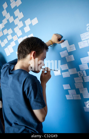 Teenager, die Überarbeitung für Mathematik A-Level mit Überarbeitung Karten stecken auf seiner Schlafzimmerwand. Stockfoto