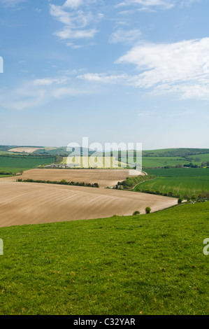 Blick auf Ackerland in der malerischen Hügellandschaft, Meon Valley, Hampshire, Großbritannien Stockfoto