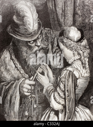 Szene aus Blaubart von Charles Perrault. Blaubart gibt seine Frau, der magische Schlüssel und eine Warnung. Stockfoto