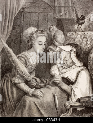 Szene aus Dornröschen von Charles Perrault. Die Prinzessin findet eine alte Frau Spinnen, ohne zu wissen, dass sie die böse Fee ist Stockfoto
