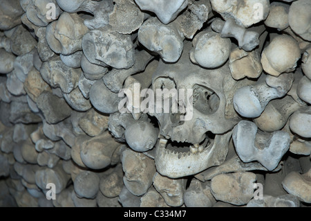 Ein menschlicher Schädel in einem Haufen von Menschen (Oberschenkel?) Knochen in einem Beinhaus oder Beinhaus Stockfoto