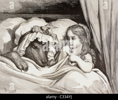 Szene aus Little Red Riding Hood von Charles Perrault. Little Red Riding Hood im Bett mit dem Wolf Stockfoto