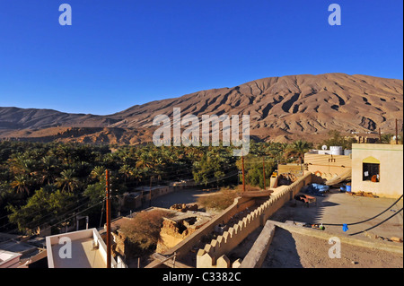 Oman, Wadi Bani Khalid, Häuser vom Fächerpalme Bäume und Strommasten mit Bergen im Hintergrund in der Wüste Stockfoto