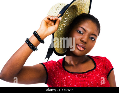 Afrikanische junge Frau posiert isoliert auf weiß Stockfoto