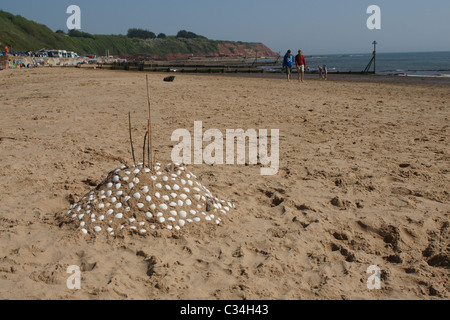 Muscheln und Sandburg Stockfoto