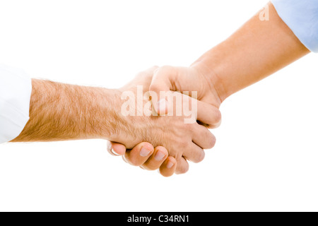 Bild des Mannes-Handshakes isoliert auf weißem Hintergrund Stockfoto