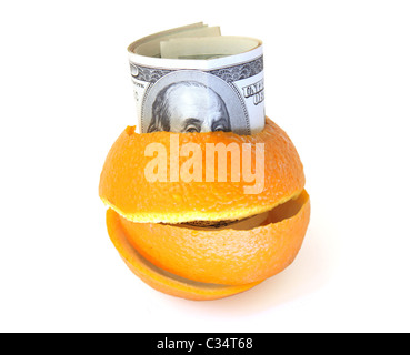 Rolle von Dollar innen orange peel Stockfoto