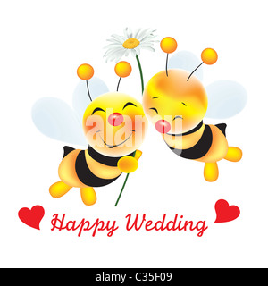 Zwei süße Bienen in der Liebe mit Daisy Blume und Text "Happy Wedding" Stockfoto