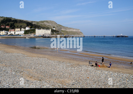 Eine Familie am Strand von Llandudno mit dem Pier im Hintergrund spielen Stockfoto