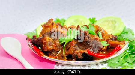 Saftig, lecker Hammelfleisch Korma (Fleisch-Curry, Lamm Curry) auf einem Teller mit Gemüse und Koriander Blätter garnieren Stockfoto