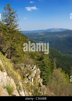 Blick nach Osten über den Vogesen von Route D417 unter dem Gipfel des Col De La Schlucht, Stosswihr, Vogesen, Frankreich. Stockfoto