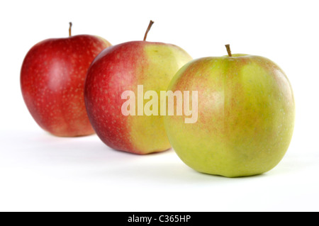 Drei Äpfel. Grün, halb rot und rot. Isoliert auf weißem Hintergrund Stockfoto