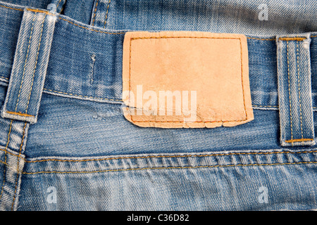 Vorderansicht des Denim-Label, blaue Jeans und Leder-label Stockfoto